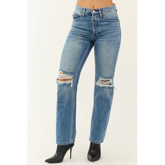 KANCAN Medium Wash Distressed 90's Straight Leg Boyfriend Jeans 13 30 - Picture 1 of 11